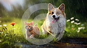 furry friends red cat and corgi dog walking in a summer meadow under the drops. generative ai
