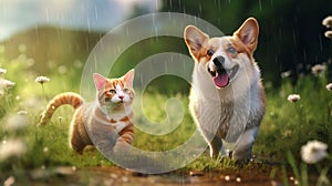 furry friends red cat and corgi dog walking in a summer meadow under the drops. generative ai