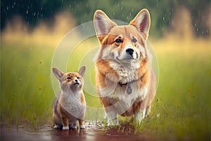 furry friends red cat and corgi dog walking in a summer meadow under the drops of warm rain, AI genertaed