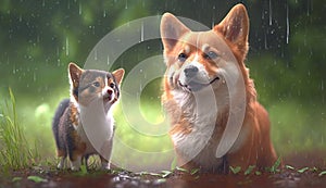 Furry friends red cat and corgi dog walking in a summer meadow under the drops of warm rain. Generative AI