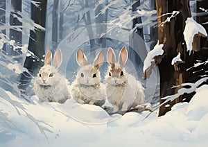 Furry Friends in a Winter Wonderland: Three White Rabbits Enjoyi