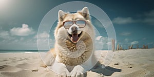 Furry Fun in the Sun Smiling Siberian Huskie Dog Sunglasses Beachside Happiness. Generative AI