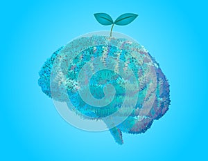 Furry grass and leaves plant grow on brain illustration