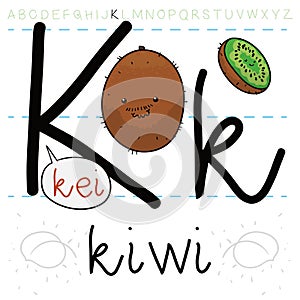 Furry Kiwi and Peeled One Learning the Letter K, Vector Illustration