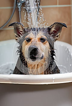 Furry little dog in the bathtub