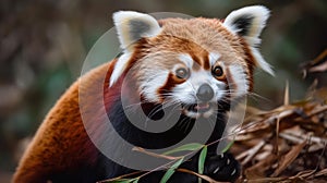 Furry red panda munching on a bamboo shoot created with Generative AI