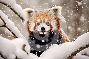 Furry Red panda winter snow. Generate Ai