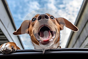 Furry Road Trip: A Candid Capture of a Joyful Dog with Tongue Out and Ears Flapping