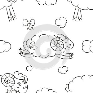 Furry sheep flying in the clouds.