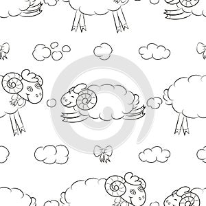 Furry sheep flying in the clouds.