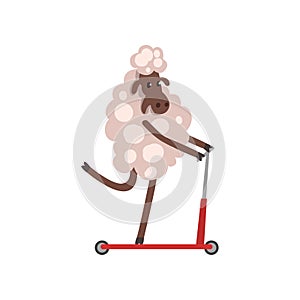 Furry Sheep Riding Kick Scooter, Adorable Animal Character Using Vehicle Vector Illustration