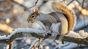 A furry squirrel sits atop a snowcovered branch basking in the suns warm rays photo