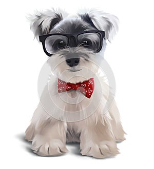 Furry Terrier with glasses and bow tie