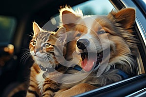 Furry travel buddies Dog and cat happily share car journey