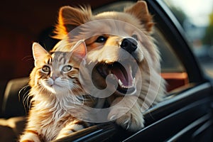 Furry travel buddies Dog and cat happily share car journey