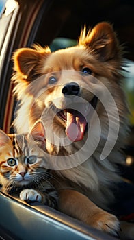 Furry travel buddies Dog and cat happily share car journey