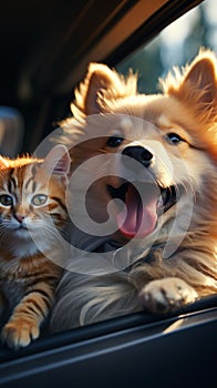 Furry travel buddies Dog and cat happily share car journey