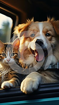 Furry travel buddies Dog and cat happily share car journey