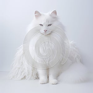 Furry White Cat In Front Of A White Background