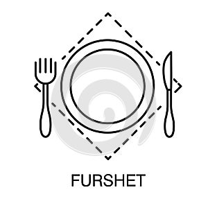 Plate with fork and knife on kerchief, furshet sign isolated outline icon photo