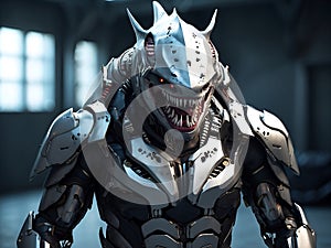 a robot has a shark head Fury of the Cyborg Shark A Futuristic Warrior Unleashed photo