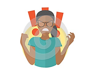 Fury evil black girl in glasses. Woman in rage, wrath, rampage. Flat design icon. Simply editable isolated vector illustration