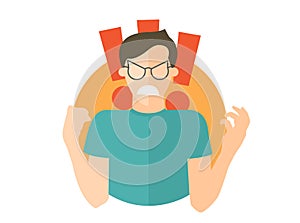 Fury evil man in glasses. Boy in rage, wrath, rampage. Flat design icon. Simply editable isolated vector illustration
