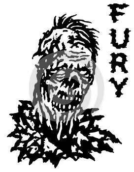 Fury zombie. Vector illustration. Black and white colors.