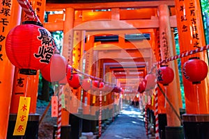 Fushimi Inari-taisha Shrine. Thousands countless vermilion Torii gates on a hill photo