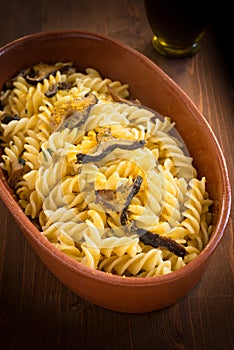 Fusilli with bottarga and mushrooms, Sardinian Cuisine