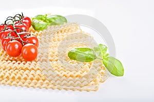 Fusilli lunghi bucati . Long curly pasta on a white plate, with fresh basil leaves and cherry tomatoes. Traditional