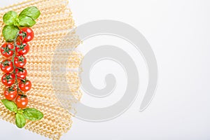 Fusilli lunghi bucati . Long curly pasta on a white plate, with fresh basil leaves and cherry tomatoes. Traditional