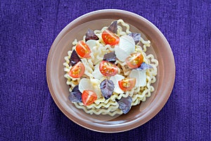 Fusilli lunghi with cheese and cherry tomatoes