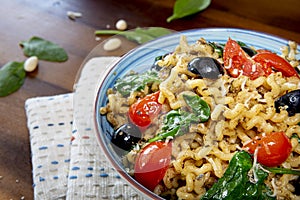 Fusilli lunghi ,cherry tomato, black olive and spinach