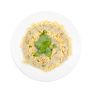 Fusilli Pasta Al Dente with Parmigiano Reggiano Cheese Isolated