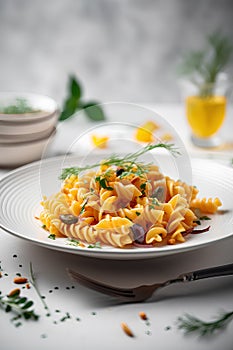 Fusilli pasta with bottarga and arugula. Italian Food