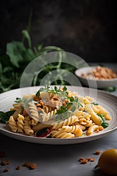 Fusilli pasta with bottarga and arugula. Italian Food