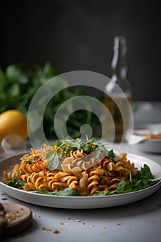 Fusilli pasta with bottarga and arugula. Italian Food