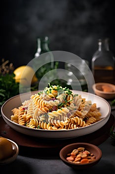 Fusilli pasta with bottarga and pesto. Italian Food