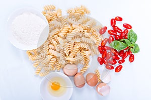 Fusilli pasta made by hand in the kitchen with natural ingredients