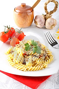 Fusilli pasta with meat sauce