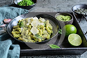 Fusilli pasta with pea pesto made from sage and pumpkin seeds