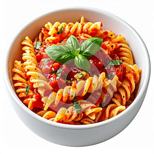 Fusilli Pasta with Red Tomato Sauce and Basil Garnish in White Bowl