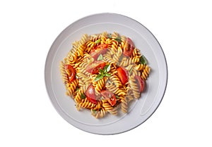 Fusilli pasta, spiral or spirali pasta with tomato sauce - Italian food style