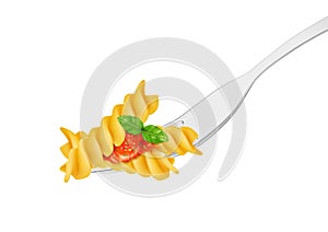 Fusilli, rotini on a fork with basil and sauce, for advertising and design.