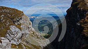 Fusine lake from Mangart saddle in Slovenia in Autumn