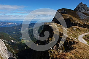 Fusine lake from top of Mangart saddle in Slovenia in Autumn