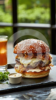 A fusion burger with kimchi cheese and sesame aioli. photo