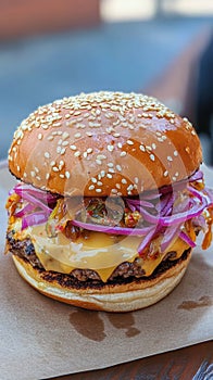 A fusion burger with kimchi cheese and sesame aioli. photo