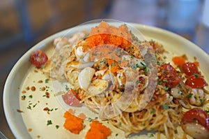 Fusion food style , Cream sauce spaghetti egg shrimp